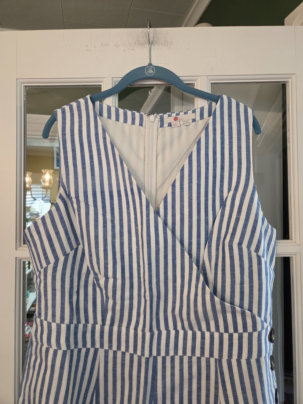 Boden Blue & White Striped Sleeveless Linen Jumpsuit - Size 14R - Picture 8 of 10